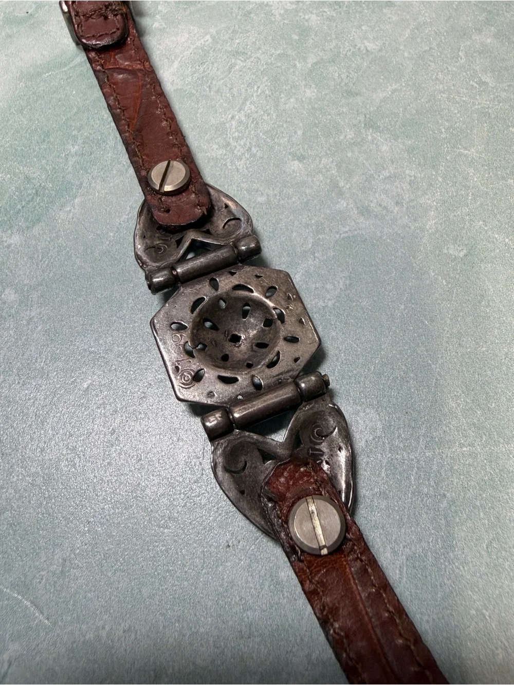 Brighton brown leather bracelet with silver tone heart detail belt style